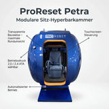 ProReset Petra Sitz-Hyperbarkammer – Frontansicht mit beschrifteten Bauteilen wie Touchscreen und Sitz