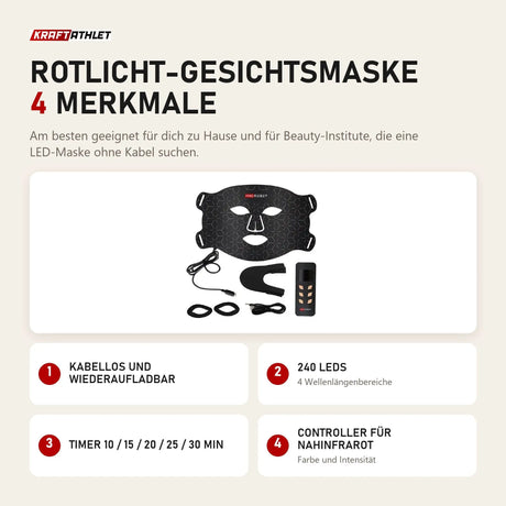ProReset Rotlicht-Gesichtsmaske mit 4 Merkmalen: Kabellos und wiederaufladbar, 240 LEDs, Timer 10 / 15 / 20 / 25 / 30 min, Controller für Nahinfrarot