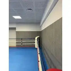 SportCom Bodenanker-Boxring mit Stahlpfosten, Blick in die Ringecke mit blauem Boden