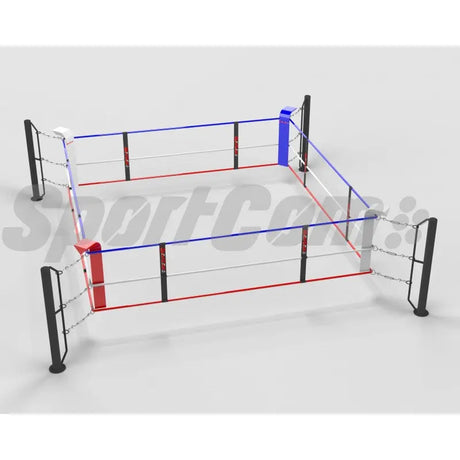 SportCom Bodenanker-Boxring mit Stahlpfosten in 5 x 5 m, Schrägansicht vor hellem Hintergrund