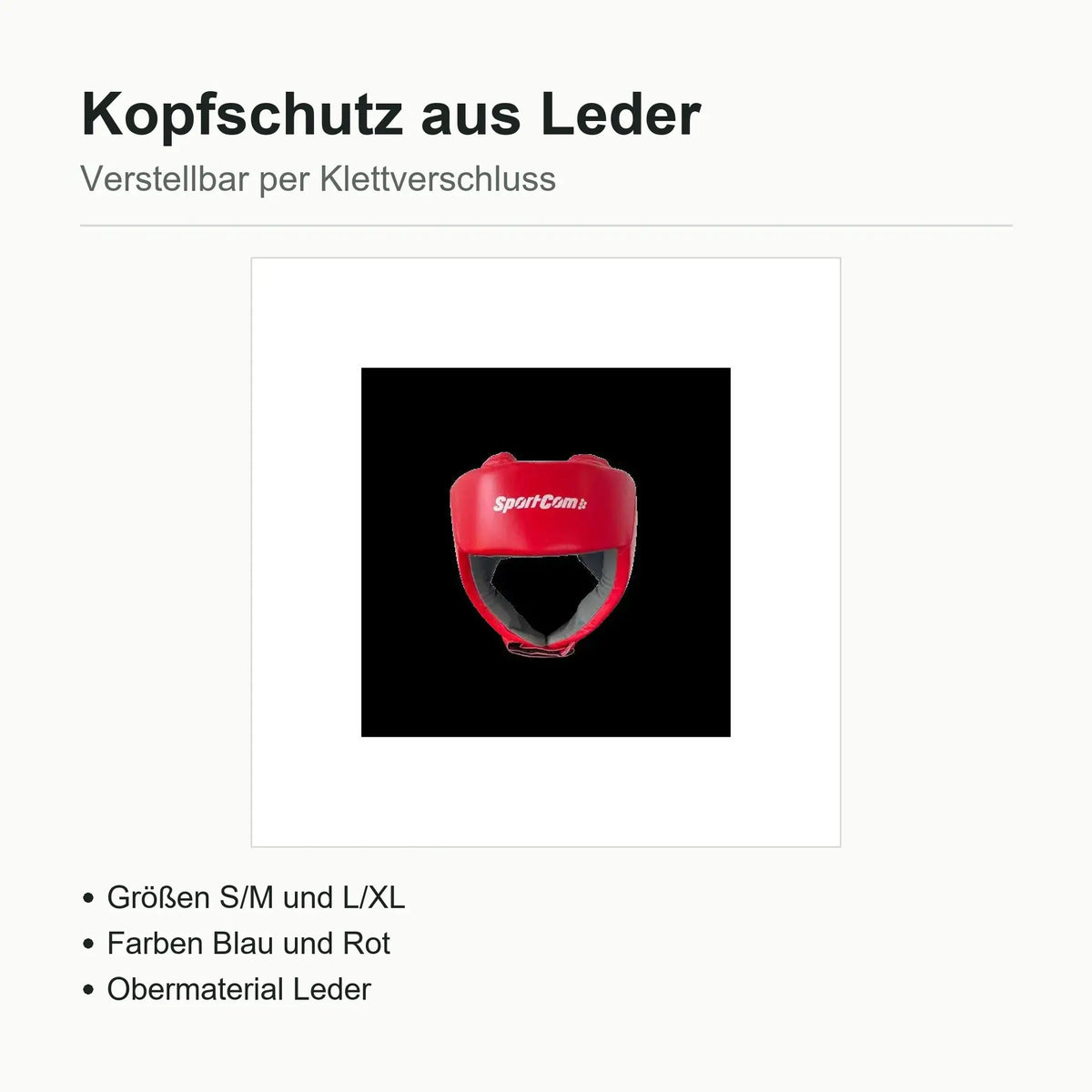 SportCom Boxhelm aus Leder, Übersichtsgrafik mit rotem Helm sowie Angaben zu Größen, Farben und Material