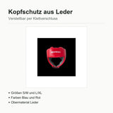 SportCom Boxhelm aus Leder, Übersichtsgrafik mit rotem Helm sowie Angaben zu Größen, Farben und Material