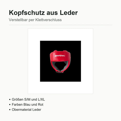 SportCom Boxhelm aus Leder, Übersichtsgrafik mit rotem Helm sowie Angaben zu Größen, Farben und Material