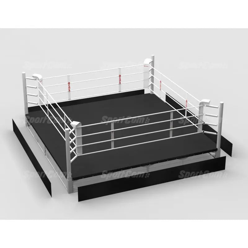 SportCom Boxring-Schürze aus Cordura für 5 x 5 m, schwarz rundum am Ring befestigt, Schrägansicht