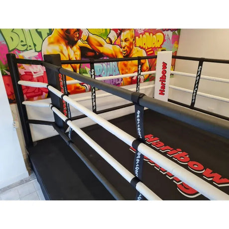 SportCom Boxring-Seiltrenner 8er-Set an weißen Seilen eines Rings vor einer bunten Graffitiwand