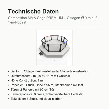 SportCom Competition MMA Cage Premium Oktagon – Übersicht der technischen Daten mit kleiner Produktansicht
