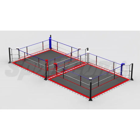 SportCom Doppel-Boxring Bodenpfosten mit Spannseilen, Render der Variante 5 x 10 m mit grauem Boden