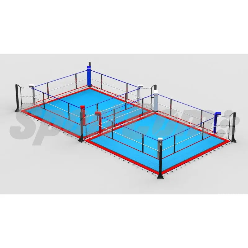 SportCom Doppel-Boxring Bodenpfosten mit Spannseilen, Render der Variante 6 x 12 m mit hellblauem Boden