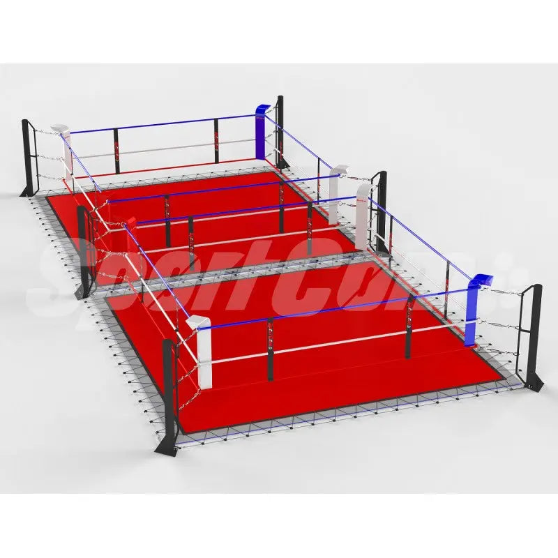 SportCom Doppel-Boxring Bodenpfosten mit Spannseilen, Render der Variante 6 x 12 m mit rotem Boden