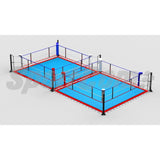 SportCom Doppel-Boxring Bodenpfosten mit Spannseilen, Render mit hellblauem Boden und roter Kante