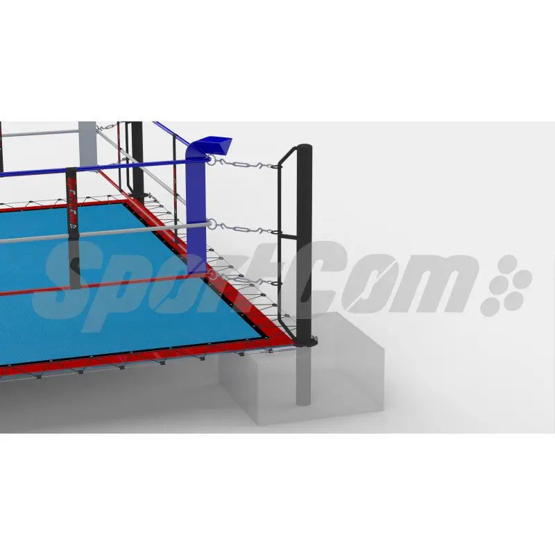SportCom Doppel-Boxring mit Spannseilen und Stahlpfosten, Detail des Eckpfostens mit blauem Polster und Bodenplatte