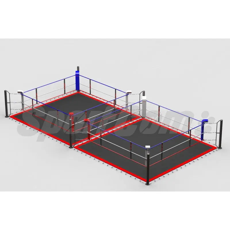 SportCom Doppel-Boxring mit Spannseilen und Stahlpfosten, Render der Variante 4 x 8 m mit grauem Boden