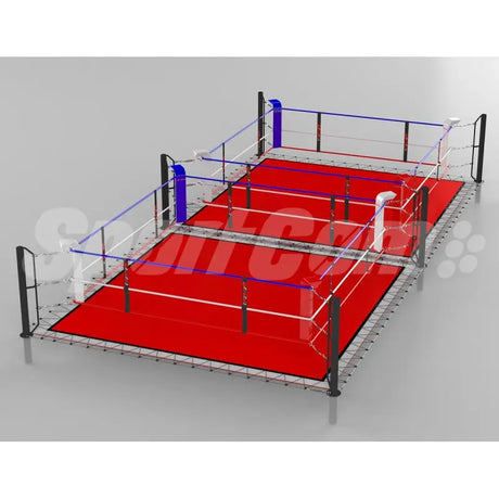 SportCom Doppel-Boxring mit Spannseilen und Stahlpfosten, Render der Variante 5 x 10 m mit rotem Boden