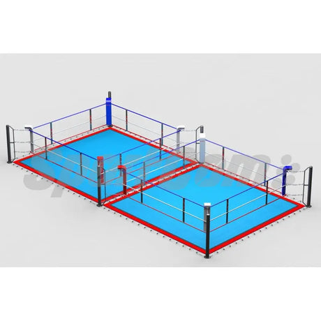 SportCom Doppel-Boxring mit Spannseilen und Stahlpfosten, Render der Variante 7 x 14 m mit hellblauem Boden