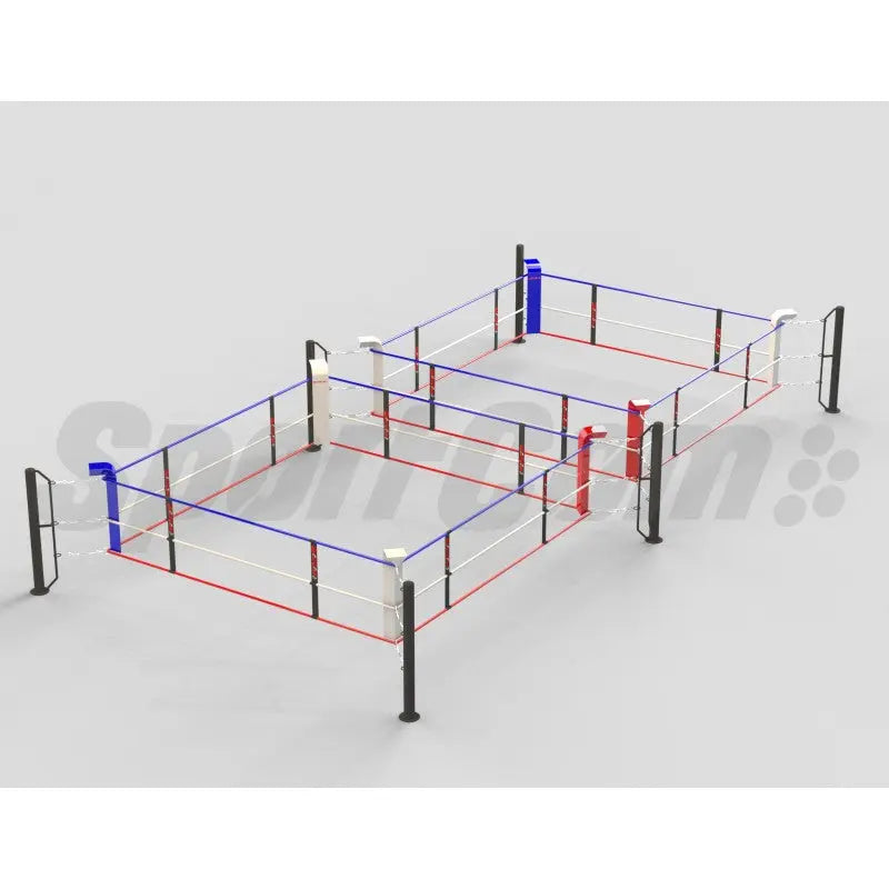SportCom Doppel-Boxring mit Stahlpfosten, Bodenmontage – Größe 7 x 14 m, Schrägansicht mit roten und blauen Seilen