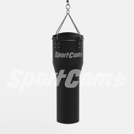 SportCom Echtleder-Uppercut-Sandsack 1,20 m in Schwarz mit Kettenaufhängung, Frontansicht auf hellem Grund