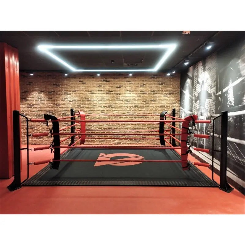 SportCom Ecofix Bodenmontage-Boxring mit Aluminiumrand, vor einer Backsteinwand mit Lichtrahmen