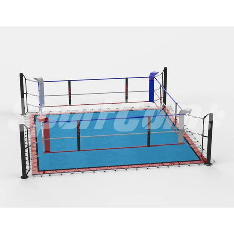 SportCom Ecofix Boxring mit Bodenhülsen und Spannseilen, Render mit blauem Boden, Seitenansicht