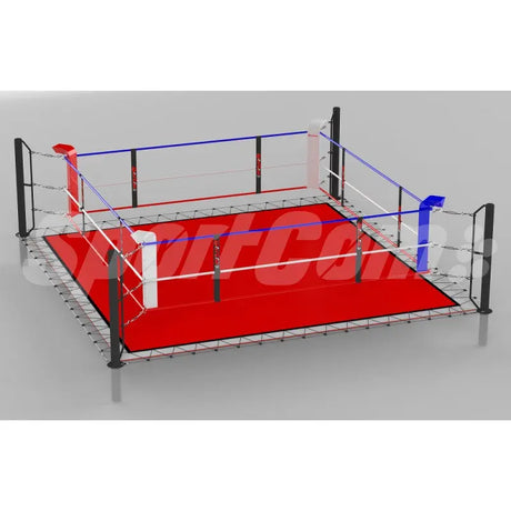 SportCom Ecofix Boxring mit Bodenhülsen und Spannseilen, Render mit rotem Boden und weißen Ecken, Schrägansicht
