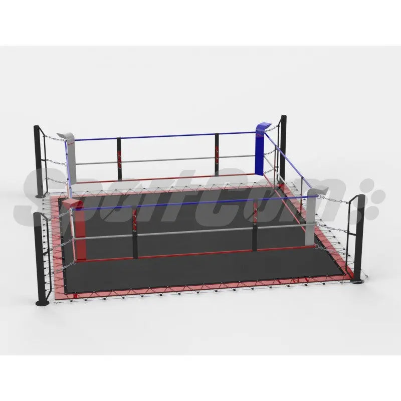 SportCom Ecofix Boxring mit Bodenhülsen und Spannseilen, Render mit schwarzem Boden, Frontansicht