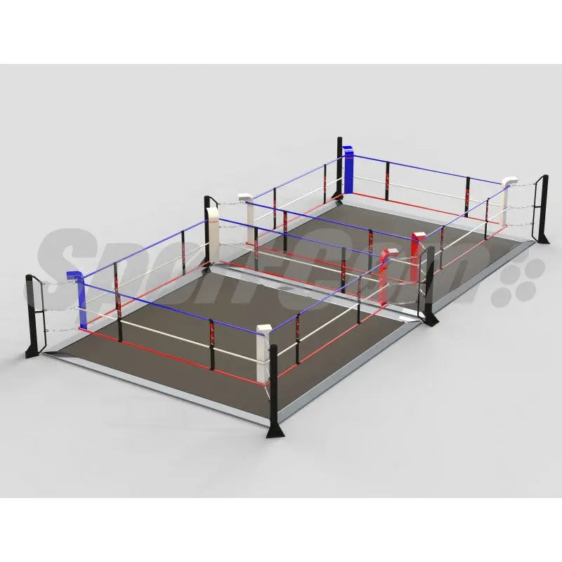 SportCom Ecofix Doppel-Boxring mit Aluminiumrand, Render der Variante 4 x 8 m mit grauem Boden