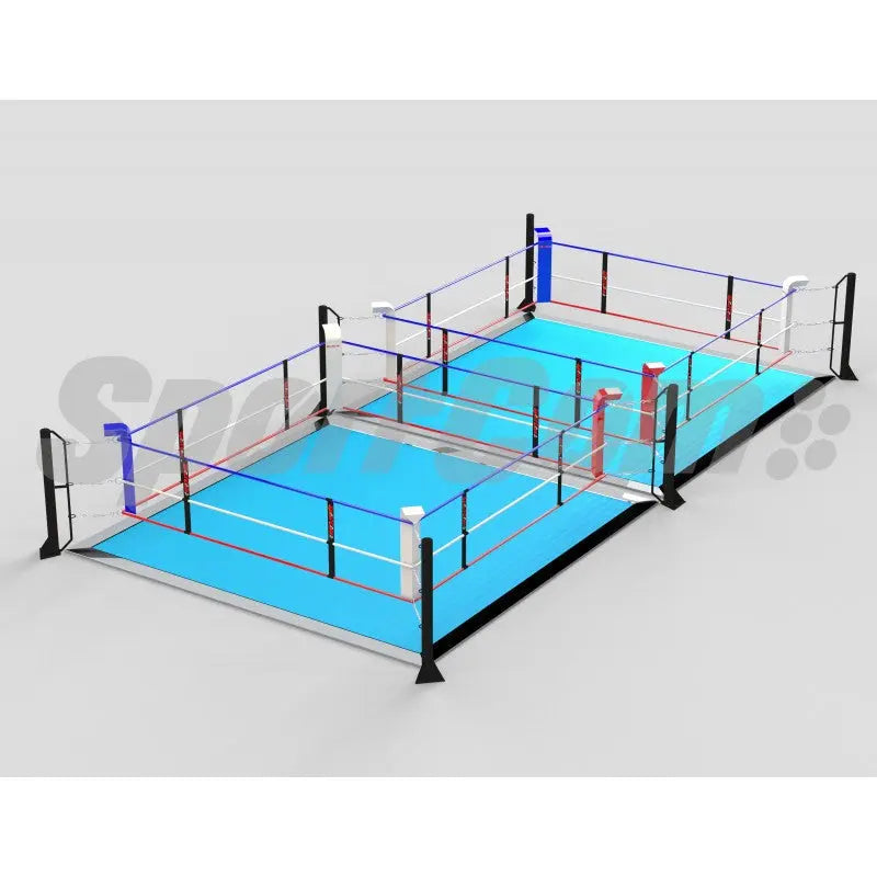 SportCom Ecofix Doppel-Boxring mit Aluminiumrand, Render der Variante 4 x 8 m mit hellblauem Boden