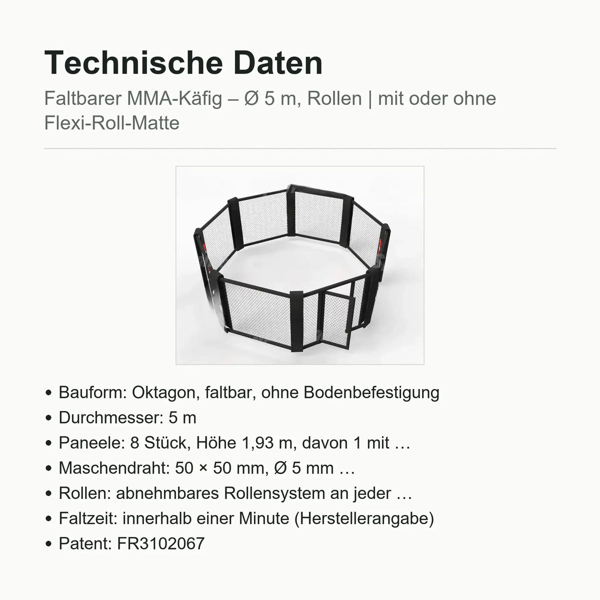 SportCom Faltbarer MMA-Käfig, Datenblatt mit Bauform, Paneelen und Rollen