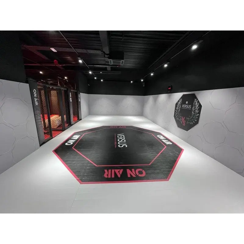 SportCom Flexi-Wall Wandschutz von Dollamur in Hellgrau um eine schwarze Achteckfläche