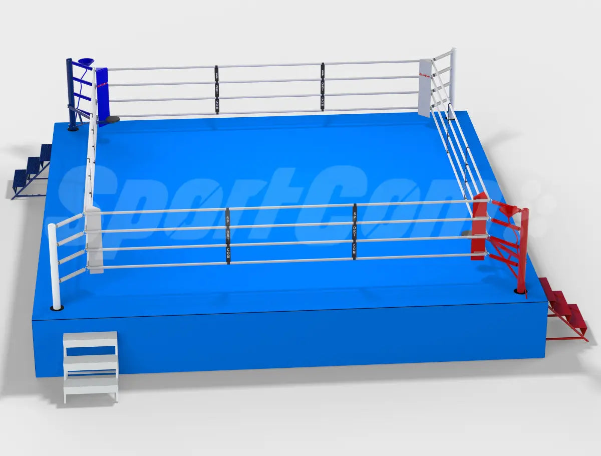 SportCom Internationaler Wettkampf-Boxring, Render mit blauer Fläche und roter Ecke