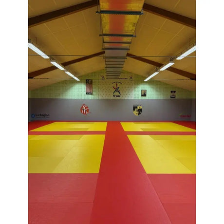 SportCom Judo-Tatami Reisstroh 1 × 1 m, 5 cm, rutschfeste Unterseite, rote und gelbe Flächen in einer Halle, Hochformat