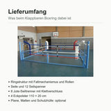 SportCom Klappbarer Boxring mit Übersicht zum Lieferumfang in der Sporthalle