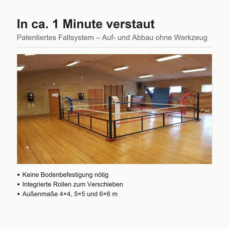 SportCom Klappbarer Boxring in der Sporthalle mit Hinweis auf das Faltsystem