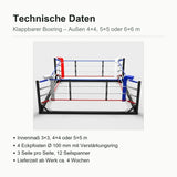 SportCom Klappbarer Boxring mit technischen Daten zu Innenmaß, Eckpfosten und Seilen