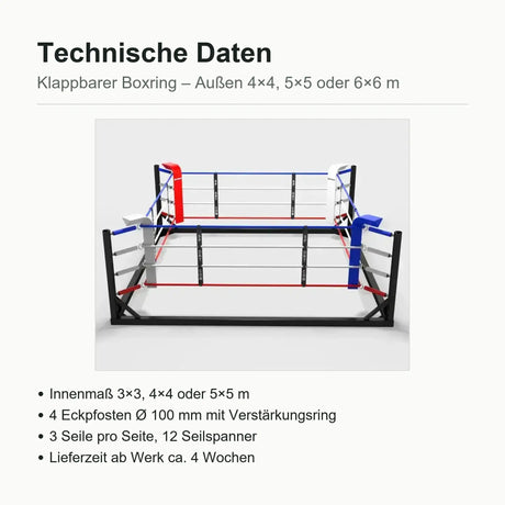 SportCom Klappbarer Boxring mit technischen Daten zu Innenmaß, Eckpfosten und Seilen