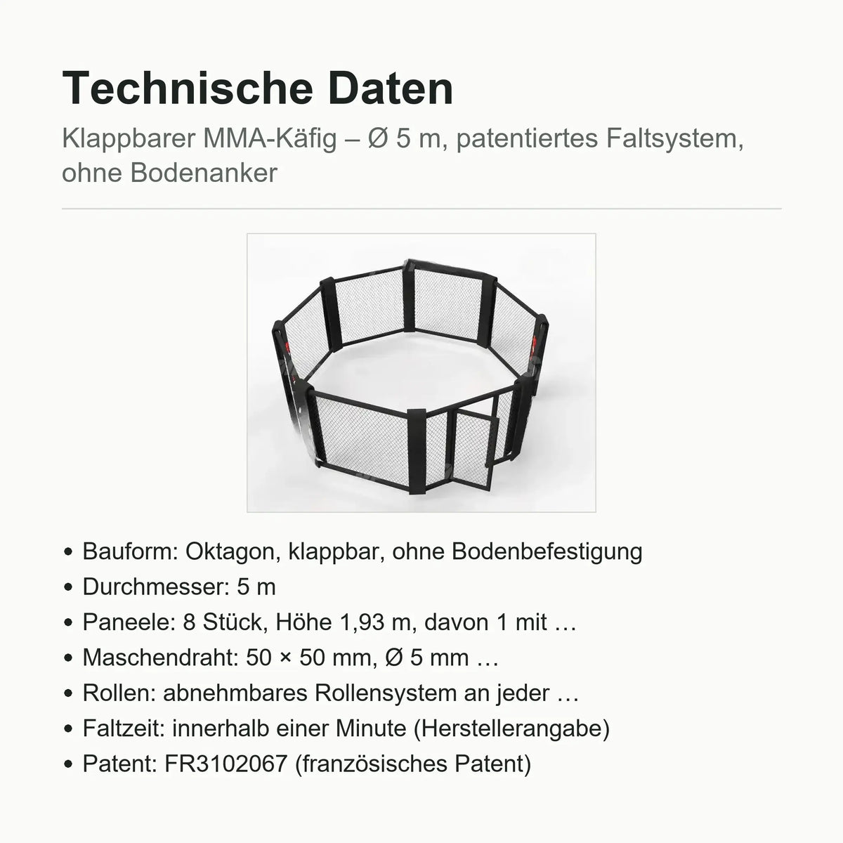SportCom Klappbarer MMA-Käfig, Datenblatt mit Bauform, Durchmesser und Paneelen