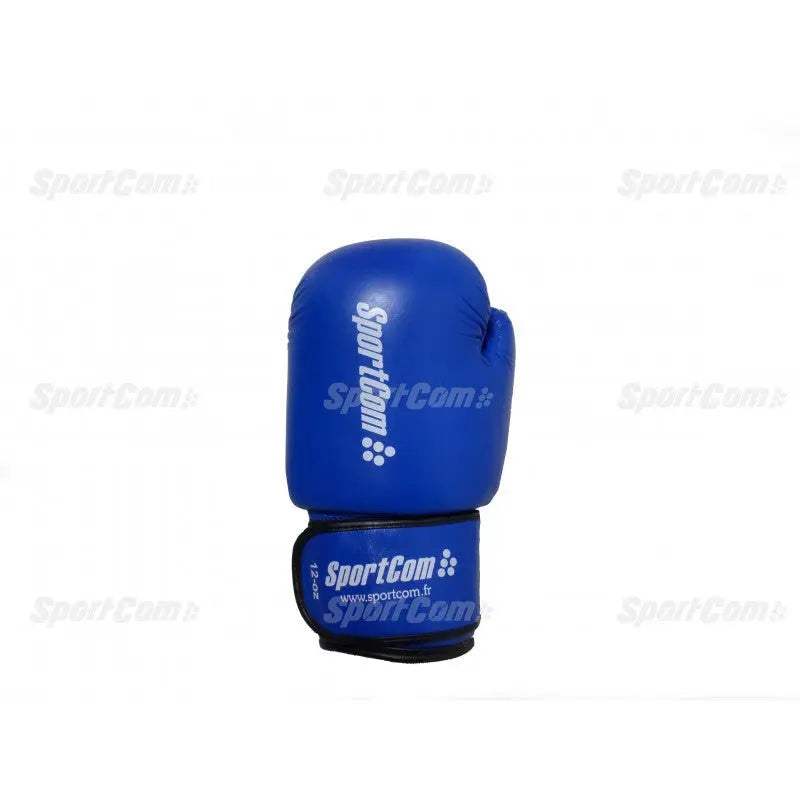 SportCom Leder-Boxhandschuhe Wettkampf 12 OZ in Blau, Handschuh stehend von der Handrückenseite mit Logo