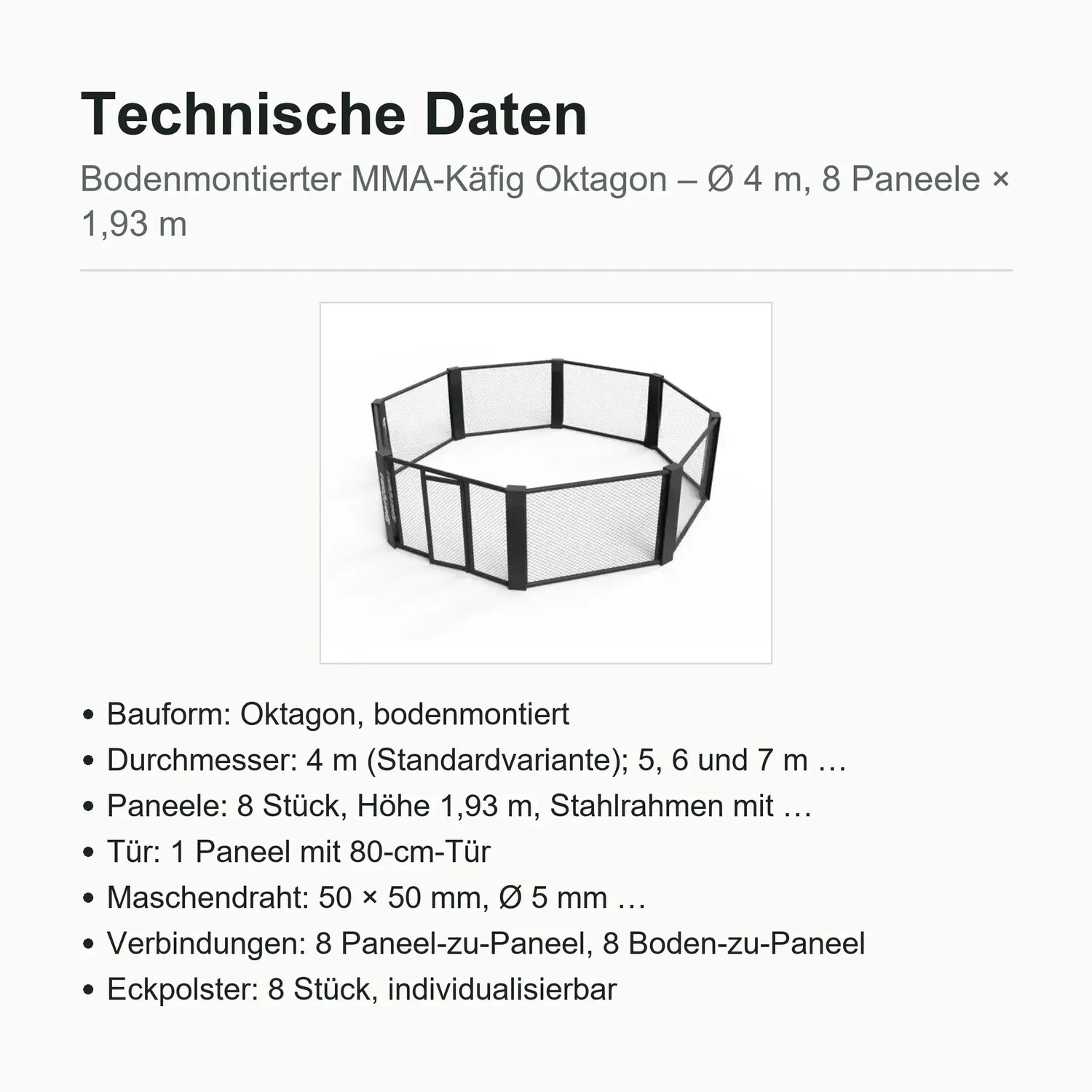 SportCom MMA-Käfig Oktagon zur Bodenmontage, Datenblatt mit Bauform, Durchmesser, Paneelen und Tür