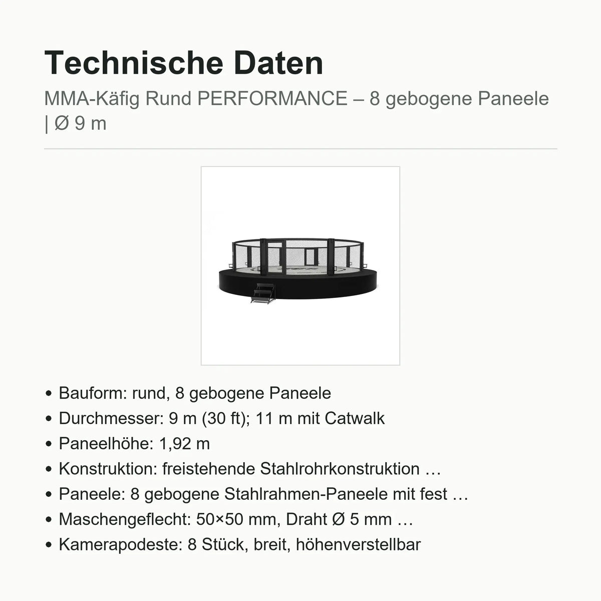 SportCom MMA-Käfig Rund Performance – Übersicht der technischen Daten mit kleiner Produktansicht