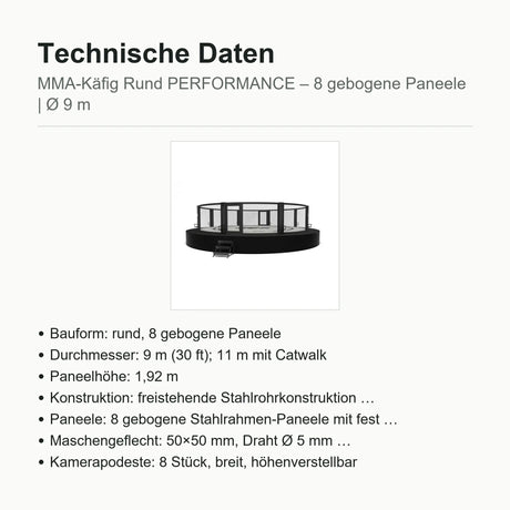 SportCom MMA-Käfig Rund Performance – Übersicht der technischen Daten mit kleiner Produktansicht