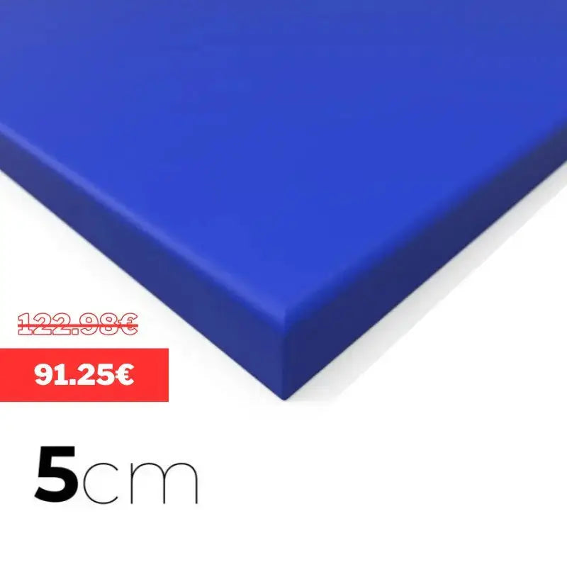 SportCom MMA-Tatami Glattfinish 1 × 1 m, 5 cm, glatte Unterseite, Eckansicht der blauen Matte, 2 × 1 m, mit Preisschild