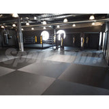 SportCom MMA-Tatami Glattfinish 1 × 1 m, 5 cm, glatte Unterseite, Gym mit Boxring und grau-schwarzen Matten