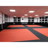 SportCom MMA-Tatami Glattfinish 1 × 1 m, 5 cm, glatte Unterseite, Halle mit roten Feldern und schwarzen Wegen