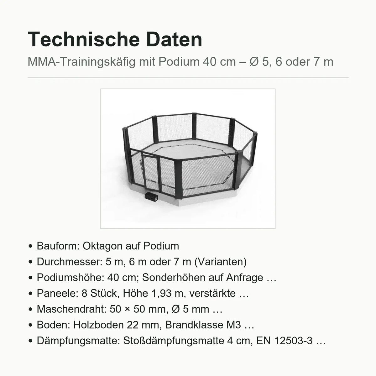 SportCom MMA-Trainingskäfig mit Podium, Datenblatt mit Bauform und Podiumshöhe