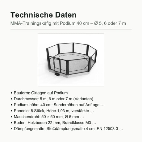 SportCom MMA-Trainingskäfig mit Podium, Datenblatt mit Bauform und Podiumshöhe