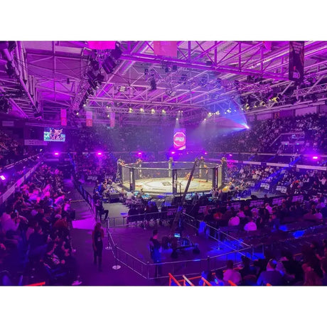 SportCom MMA-Wettkampfkäfig 7 m mit 9-m-Laufsteg, in einer violett beleuchteten Halle, Blick von oben