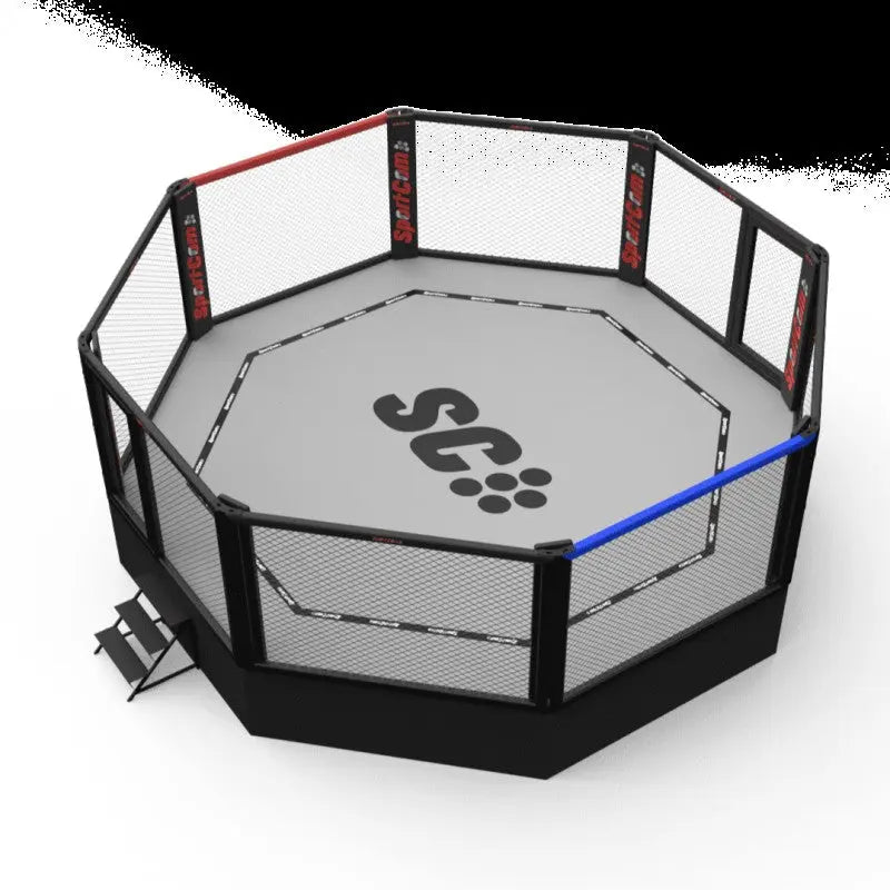 SportCom MMA-Wettkampfkäfig 7 m ohne Laufsteg, Render in Schrägansicht mit Treppe