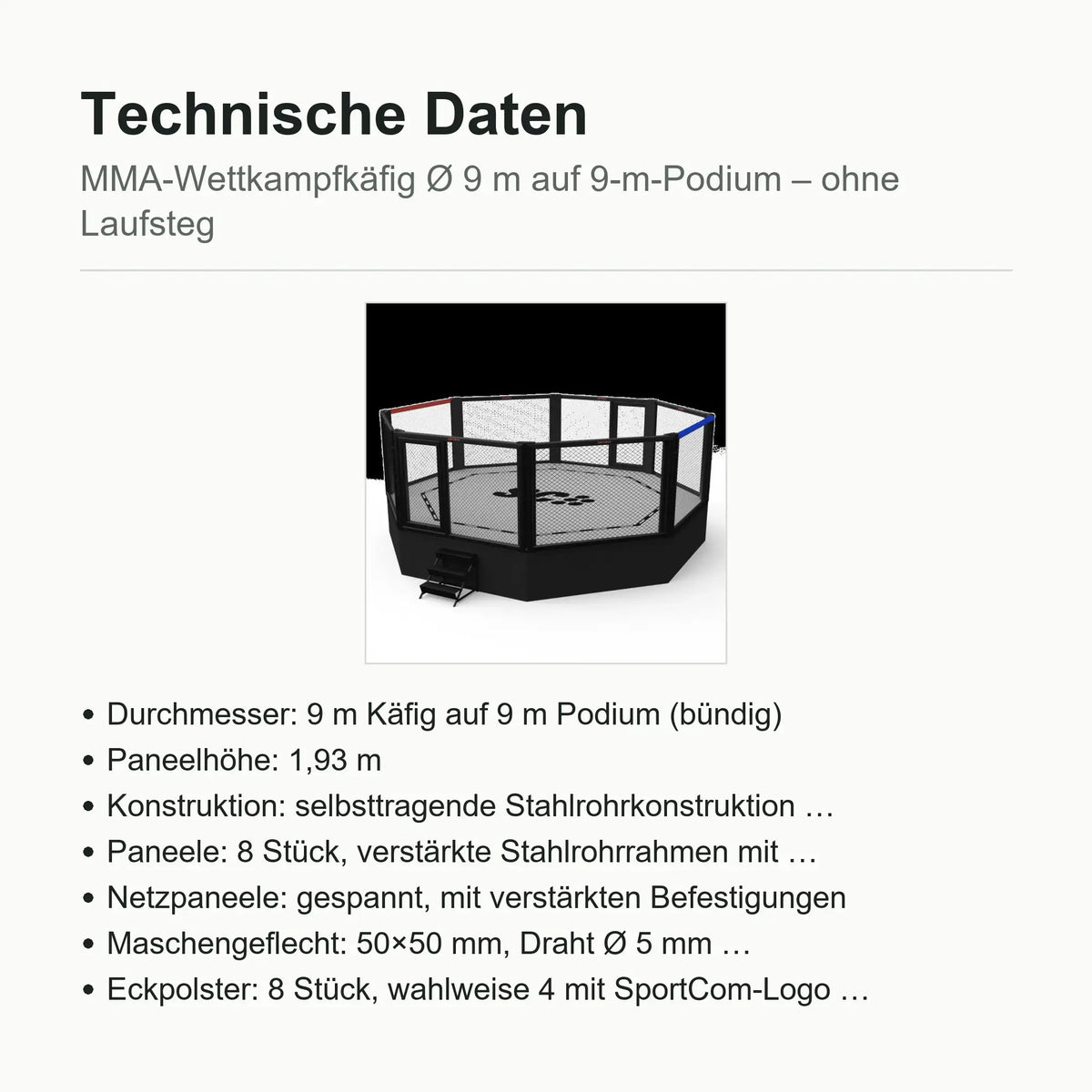 SportCom MMA-Wettkampfkäfig 9 m ohne Laufsteg, Datenblatt mit Durchmesser und Paneelhöhe