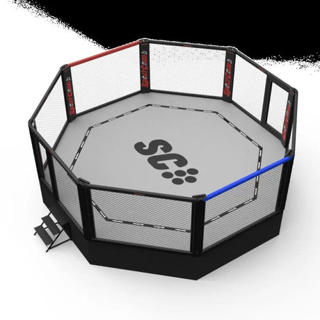 SportCom MMA-Wettkampfkäfig 9 m ohne Laufsteg, Render von oben mit roten und blauen Eckpolstern