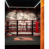 SportCom Pro-Trainingsboxring mit 30 cm Podium, im Boxclub mit Wandbild und roten Seilen, Frontansicht