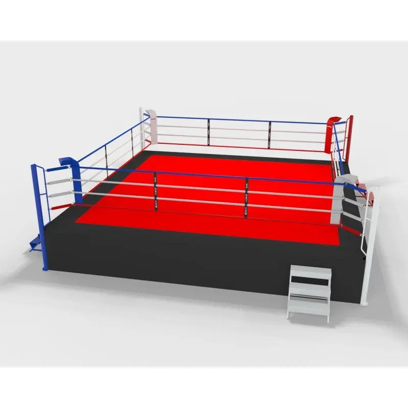 SportCom Pro-Wettkampf-Boxring mit 1 m Podium, Render 6 x 6 m mit roter Ringfläche und Treppe